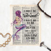 mermaid back view with long purple hair and purple fin with quote I must be a mermaid I have no fear of depth and a great fear of shallow living Anais Nin with starfish on either side of the name printed on dictionary paper