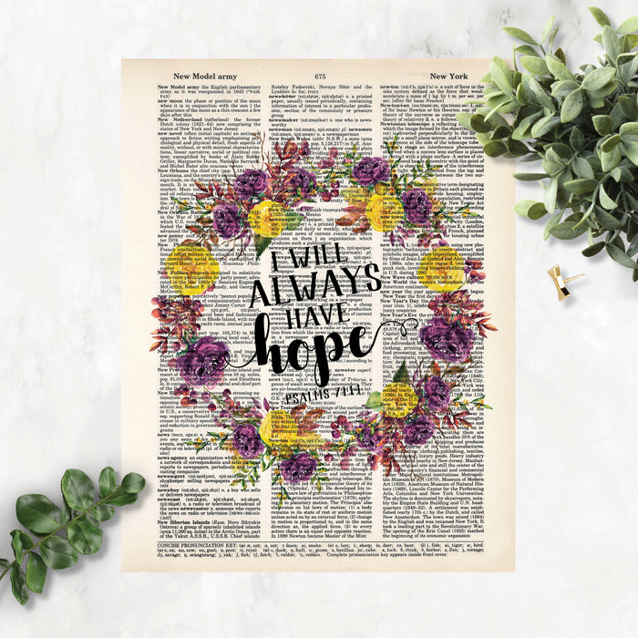 I will always have hope quote from the book of Psalms surrounded by a floral watercolor wreath with purple and yellow tone flowers on salvaged dictionary page