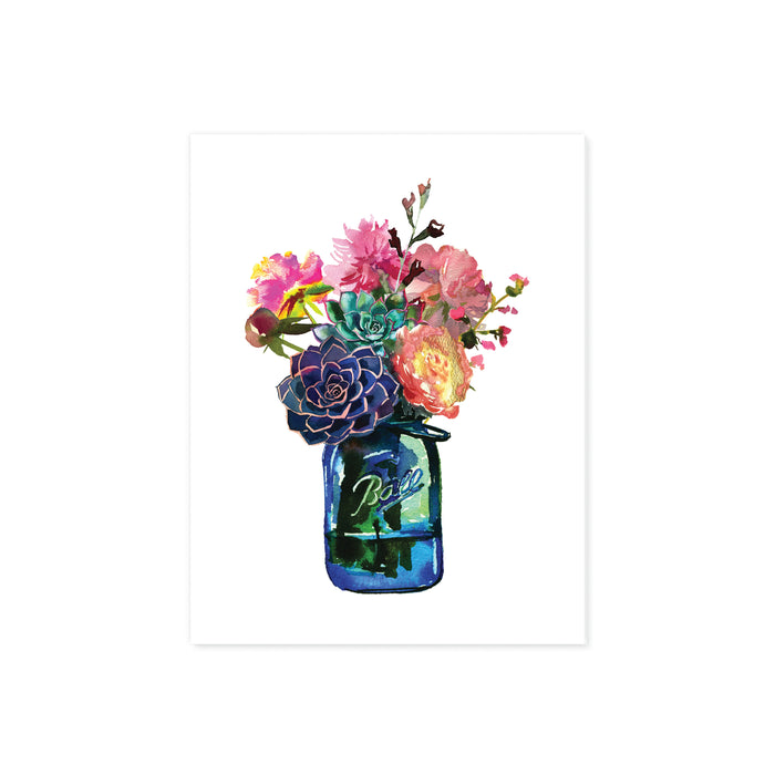 watercolor blue Ball jar with flowers and succulent bouquet, greens, pinks, purples, yellows, and greenery printed on matte white paper