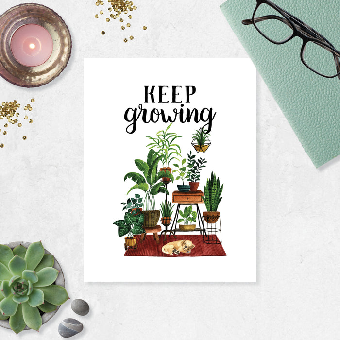 keep growing in black ink above a scene of plants on plant stands anchored by a rust colored rug with a yellow sleeping puppy printed on matte white paper