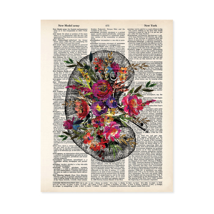 kidney etching topped with watercolor flowers in shades of pinks, purples, blues, and golden tones printed on a dictionary page