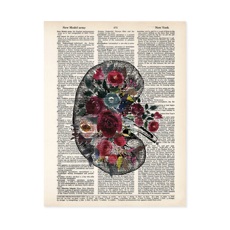 vintage kidney etching topped with watercolor flowers in shades of berry reds and blues printed on a dictionary page