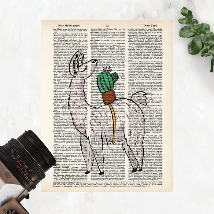 llama looking back over its shoulder at a potted cactus with a single flower strapped to its back printed on salvaged dictionary paper