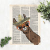 watercolor llama wearing a sombrero and oversized red and yellow glasses printed on salvaged dictionary page 