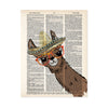 watercolor llama wearing a sombrero and oversized red and yellow glasses printed on salvaged dictionary page 