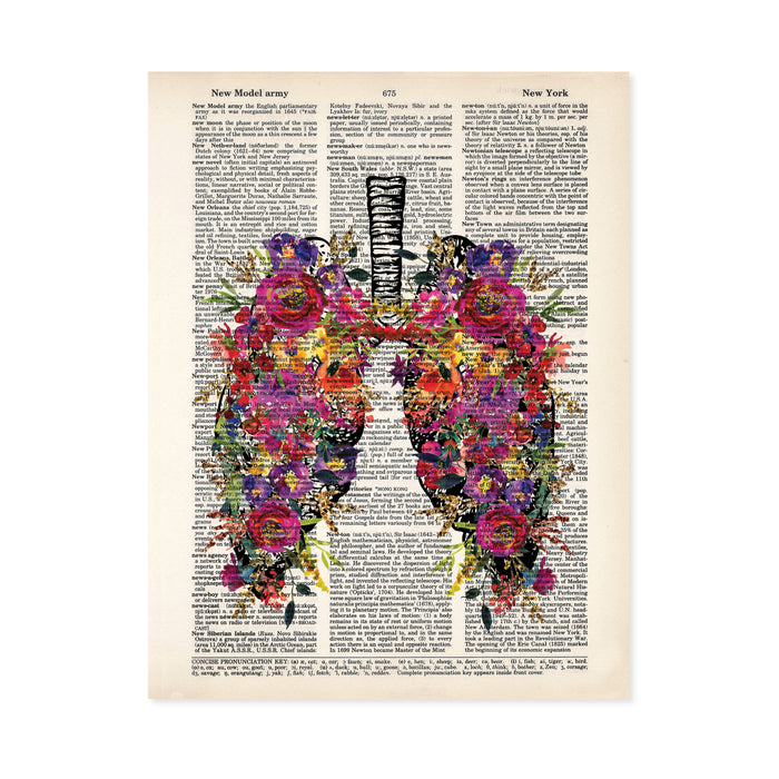 vintage lung etching topped with watercolor flowers in pinks, purples, yellow, with greenery printed on a dictionary page