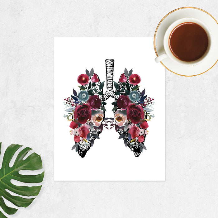 lung etching with berry red and blue tones in watercolors printed on matte white paper
