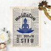 meditation text arced over a blue buddha figure with a mandala on it and the text sit down and STFU below printed on a dictionary page