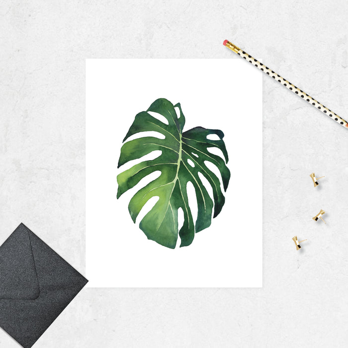 monstera tropical leaf in watercolor printed on matte white paper