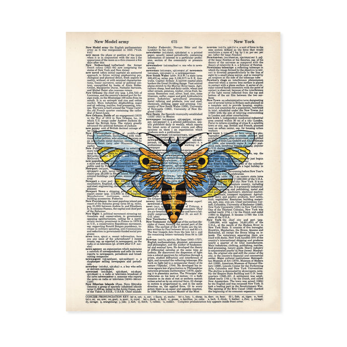 Moth in beautiful blues and golden tones - watercolor print on dictionary page