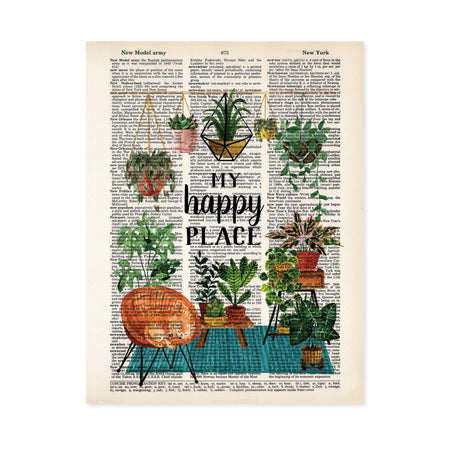 my happy place surrounded by haing plants and plants on a teal blue rug with plant stands and more plants, there is also a wicker chair with a yellow cat curled up sleeping printed on dictionary page