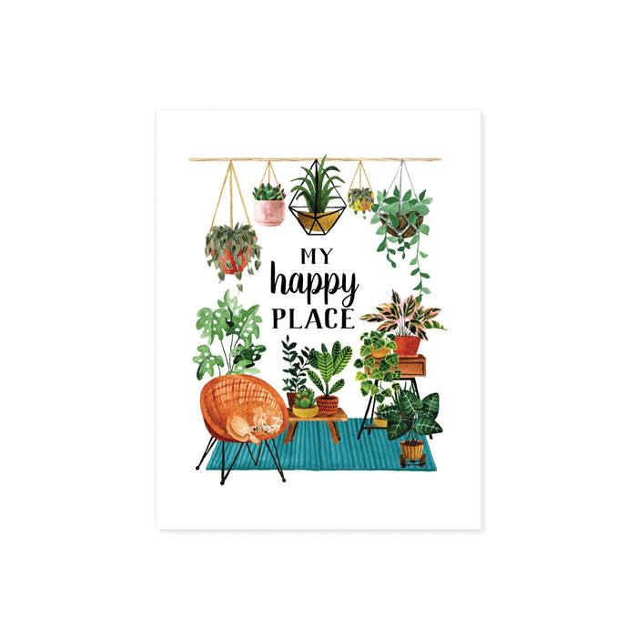 my happy place surrounded by haing plants and plants on a teal blue rug with plant stands and more plants, there is also a wicker chair with a yellow cat curled up sleeping printed on matte white paper