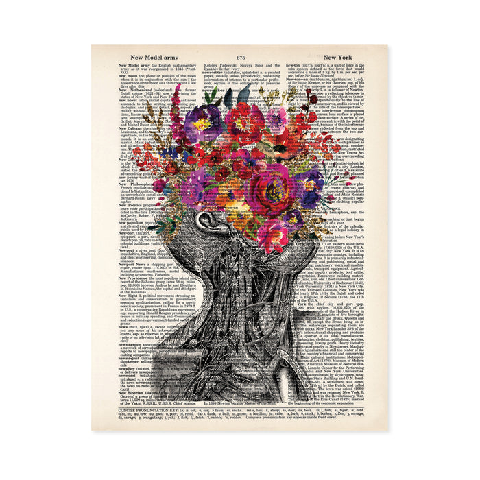 vintage neck with pink purple and yellow flowers replacing the face printed on a dictionary page