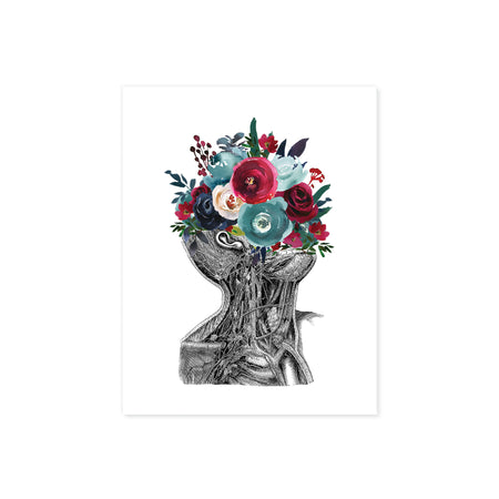 vintage etching of the neck and part of a tilted back head from the ear and chin down showing veins and muscles, the top is adorned with water color flowers in blues and reds printed on matte white paper