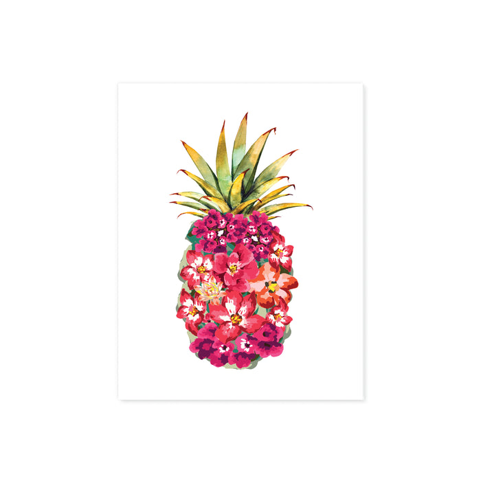 tropical pink watercolor flowers shaped to form a pineapple with a green pineapple top printed on matte white paper