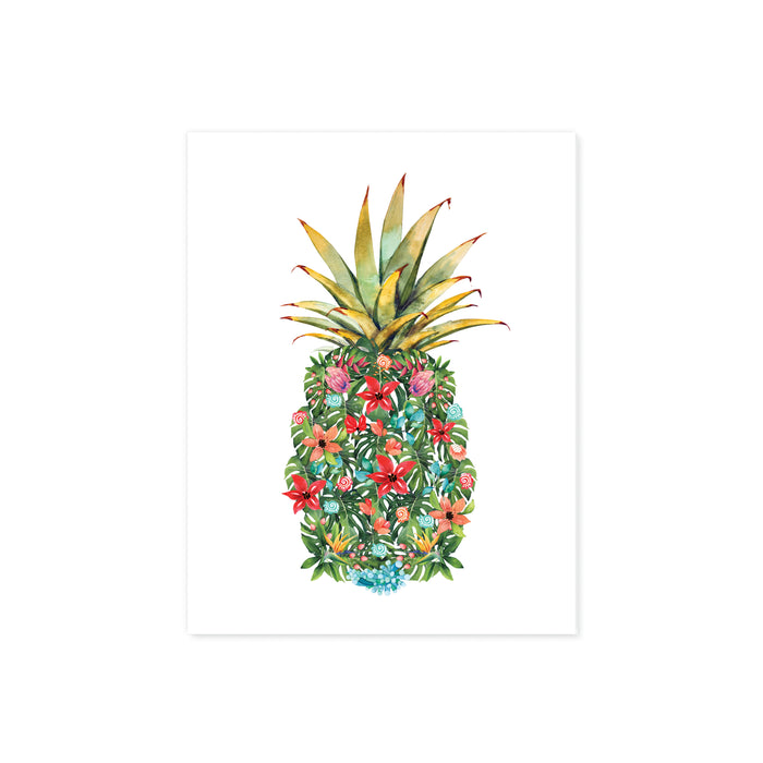 watercolor monstera leaves along with pink, red, peach, and blue flowers along with red and blue shells and coral form a pineapple shape with a traditional pineapple top printed on matte white paper