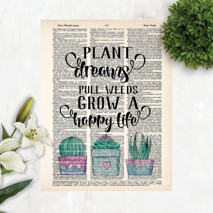 text plant dreams pull weeds grow a happy life with three potted cactus printed on a dictionary pagetext plant dreams pull weeds grow a happy life with three potted cactus printed on a dictionary page