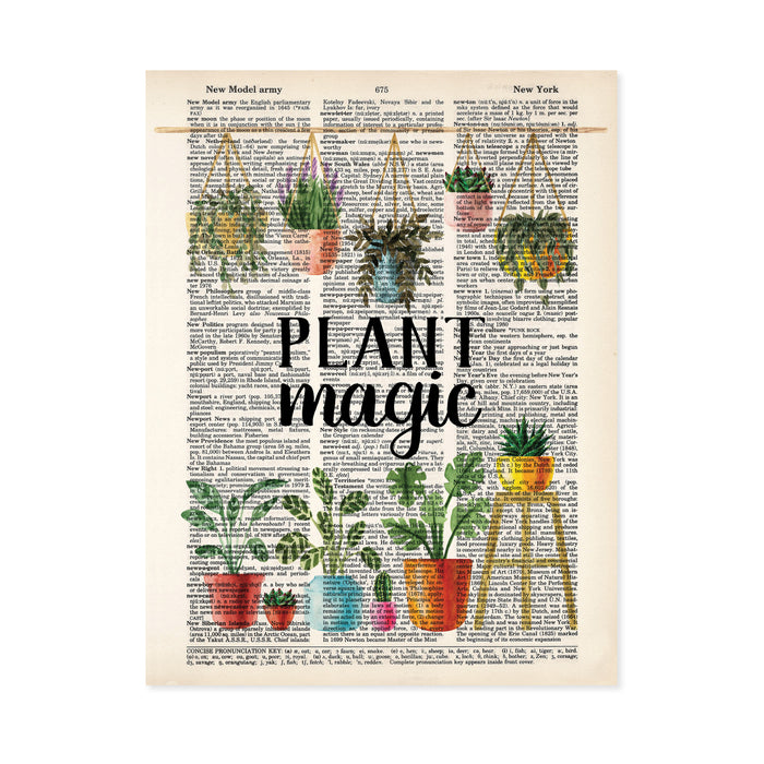 five different potted hanging plants hanging from a bamboo pole with the words plant magic under and six different potted plants under all in watercolors printed on dictionary page