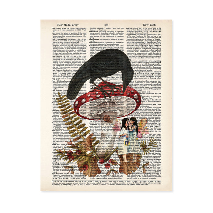 Blackbird on Mushroom Eavesdropping on Fairies - Dictionary Art Print - Fantasy Art Print - Raven Crow Red Mushroom PRINT ONLY