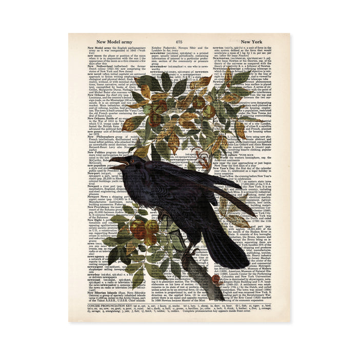 Vintage Black Bird on Fruited Brand with Mushrooms and Snail - Dictionary Page Art - PRINT ONLY - Raven Crow Vintage Image Enchanted Forest
