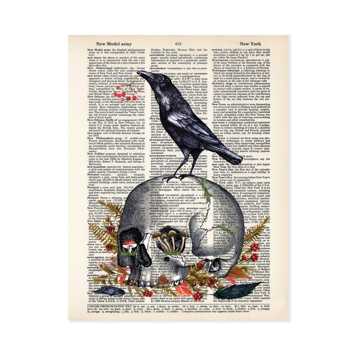 Blackbird sitting on Skull with Mushrooms Feathers Snail Berries and Leaves- Dictionary Page Art - PRINT ONLY - Raven Crow
