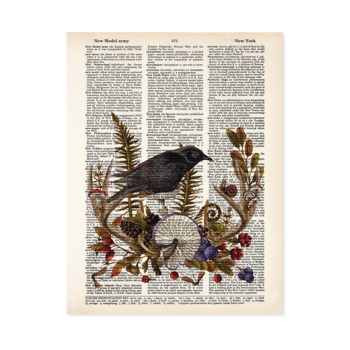 Enchanted Autumn Blackbird Sitting on Mushroom Looking at Snail Antlers Berries Pinecones- Dictionary Page Art - PRINT ONLY - Raven Crow