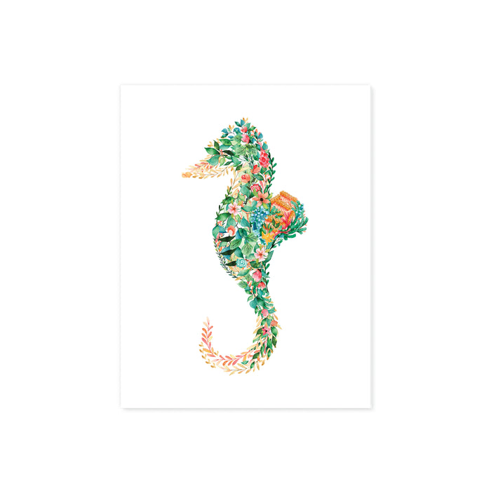 watercolor seahorse made up entirely of tropical flowers and sea shells printed on matte white paper