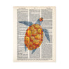 watercolor sea turtle with deep blue fins and head and a golden shell printed on dictionary paper
