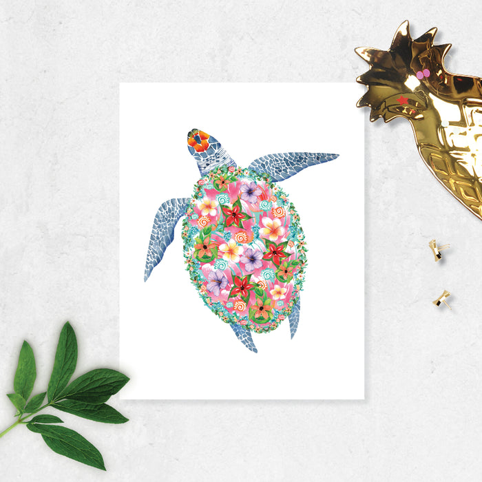 sea turtle with blue flippers and orange on its head but its body is made up entirely of tropical flowers all in watercolor printed on matte white paper
