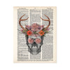 pencil sketch of a skull with watercolor antlers and flowers in pinks, purples, and salmon tones with flowers covering the eyes printed on a dictionary page