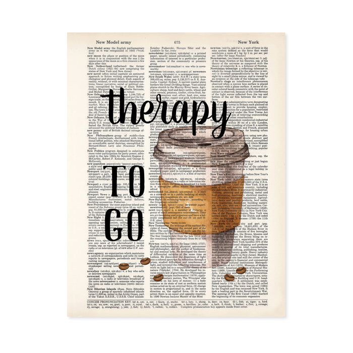 therapy to go with a take out coffee cup with coffee beans scattered at the bottom printed on dictionary page