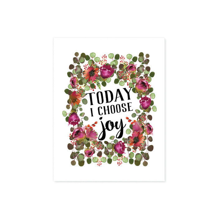 today i choose joy with pink and purple flowers and eucalyptus in watercolor all around the words printed on matte paper