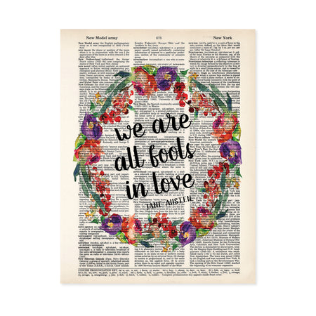 we are all fools in love Jane Austen quote surrounded by a watercolor wreath in purple, red, and green colors printed on a dictionary page