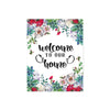 welcome to our home with watercolor flowers top and bottom in pale pink, bright berry color with greenery top and bottom on matte white paper
