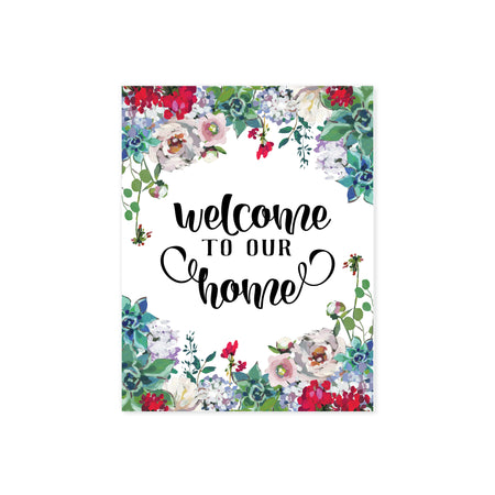 welcome to our home with watercolor flowers top and bottom in pale pink, bright berry color with greenery top and bottom on matte white paper